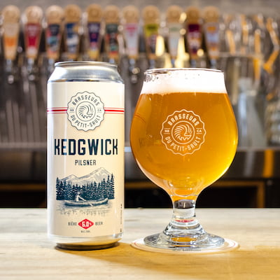 Kedgwick Pilsner glass and can